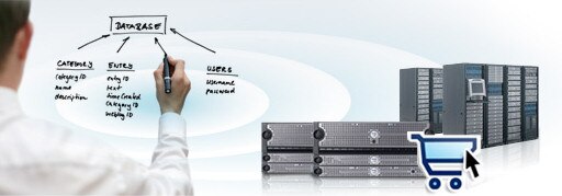Database diagram, picture of servers