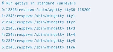 Figure 7. Inittab file used for a console routed through the serial port