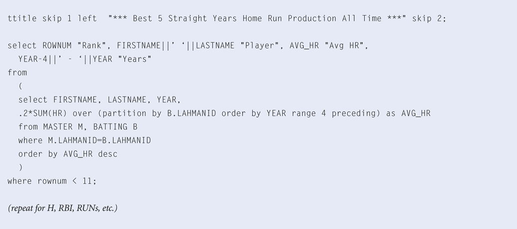 Figure A. The 5yr_b1.sql query: Best individual statistics over five sequential years
