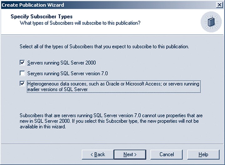 Figure 2. Specifying subscriber types in the Create Publication Wizard