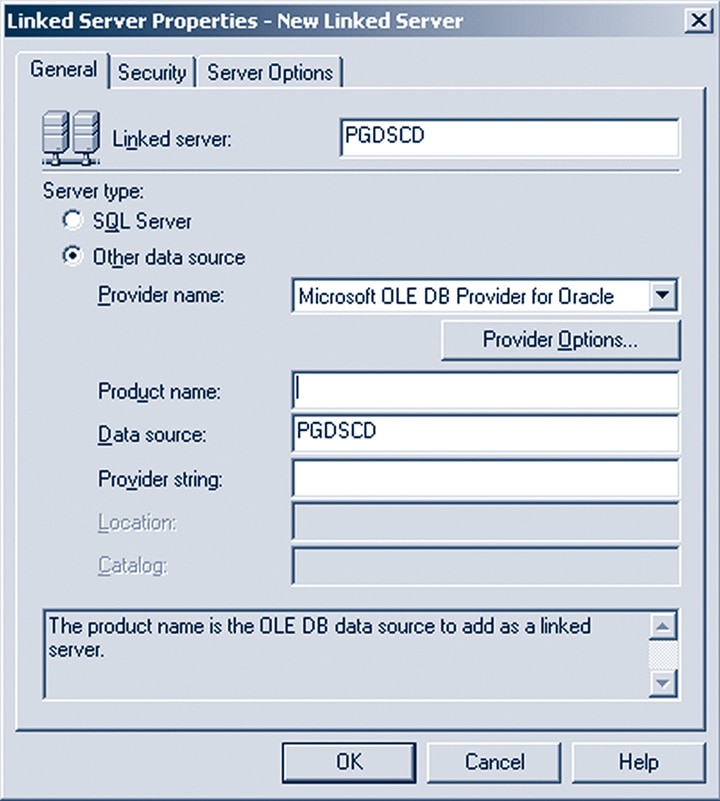 Figure 3. Entering linked server and data source names