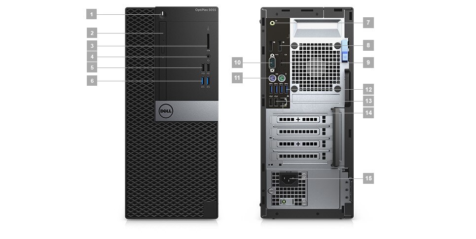 Stolní počítač OptiPlex 5055 – porty a sloty – provedení Tower Stolní počítač OptiPlex 5055 – porty a sloty – provedení Tower