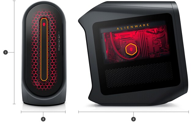 Dell Alienware Aurora R15 Gaming Desktops with numbers from 1 to 3 showing the product dimensions and weight.