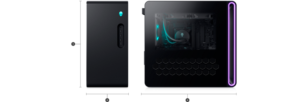 Dell Alienware Aurora R16 Gaming Desktop with numbers from 1 to 3 showing the product dimensions and weight.