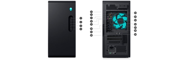 Dell Alienware Aurora R16 Gaming Desktop with numbers from 1 to 19 showing the product ports and slots.