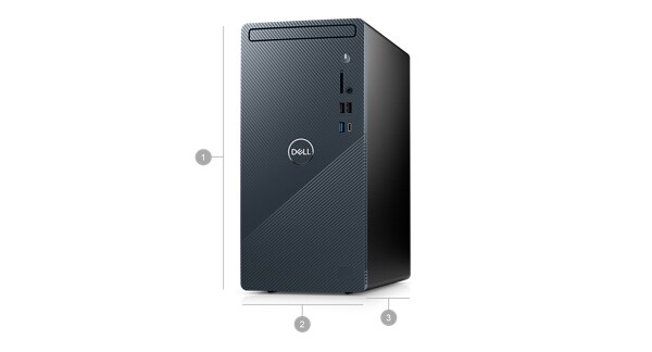 Dell Inspiron 3020 desktop with numbers from 1 to 3 signaling product dimensions & weight.