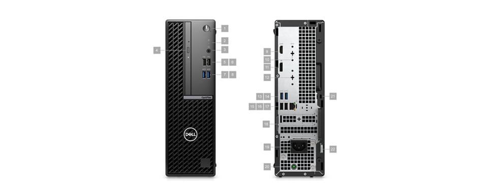 Dell OptiPlex 7010 Small Form Factor with numbers from 1 to 22 showing the product ports and slots.
