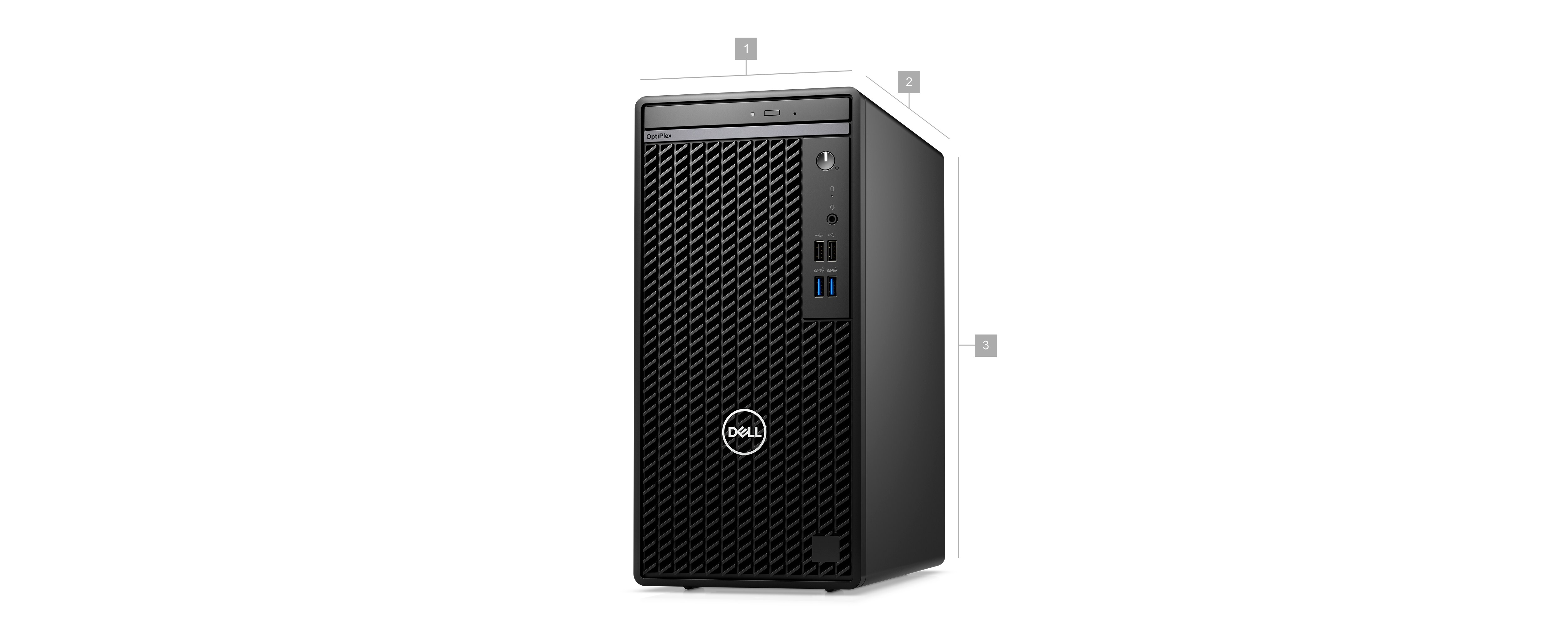 Dell OptiPlex 7010 Tower Desktop with numbers from 1 to 3 showing the product dimensions and weight.