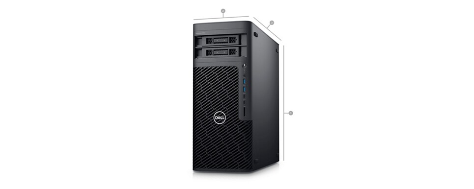Dell Precision 5860 Tower Computer Workstation with numbers from 1 to 3 showing the product dimensions and weight.