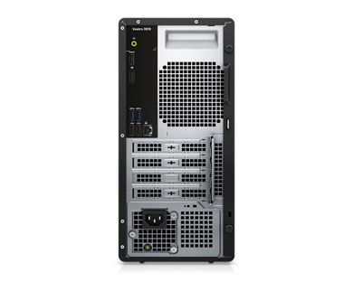 Picture  of  a  Dell  Vostro  Tower  3910  Desktop  on  its  back  showing  the  ports  available behind the product.