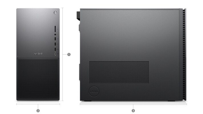 Dell XPS 8960 Desktop with numbers from 1 to 3 showing the product dimensions and weight. 