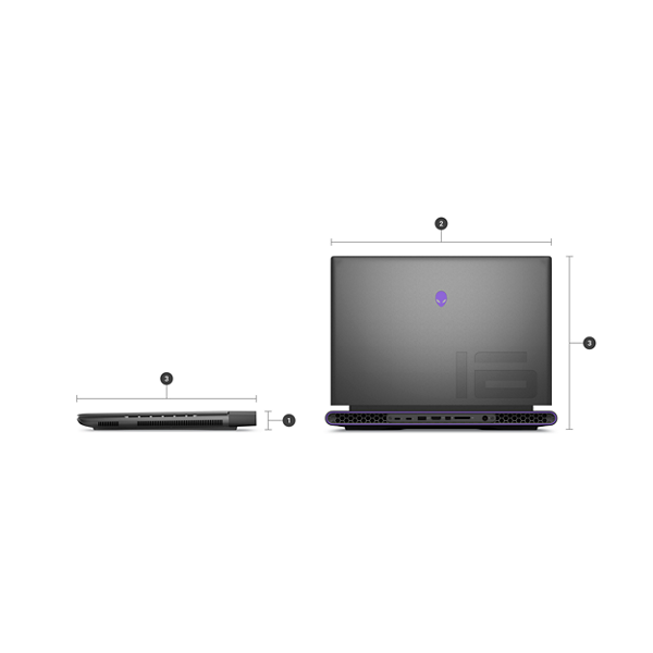 Dell Alienware M16 Gaming Laptops with numbers from 1 to 3 showing the product dimensions and weight.