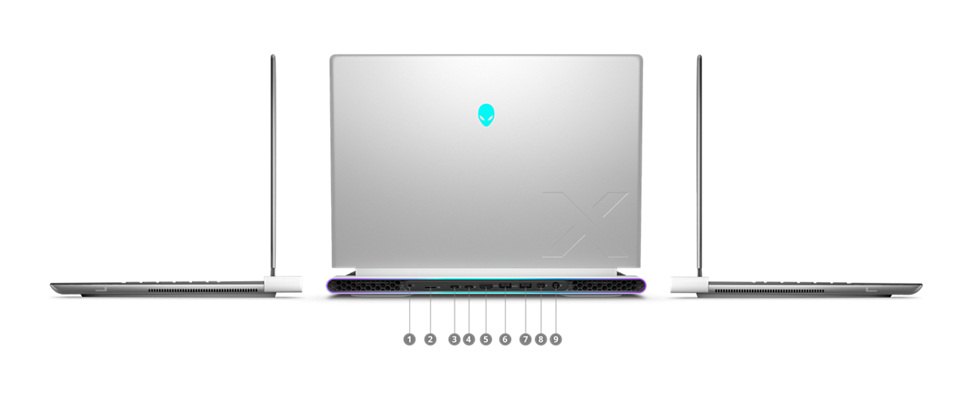 Dell Alienware X16 Gaming Laptop with numbers from 1 to 9 showing the product ports and slots. 