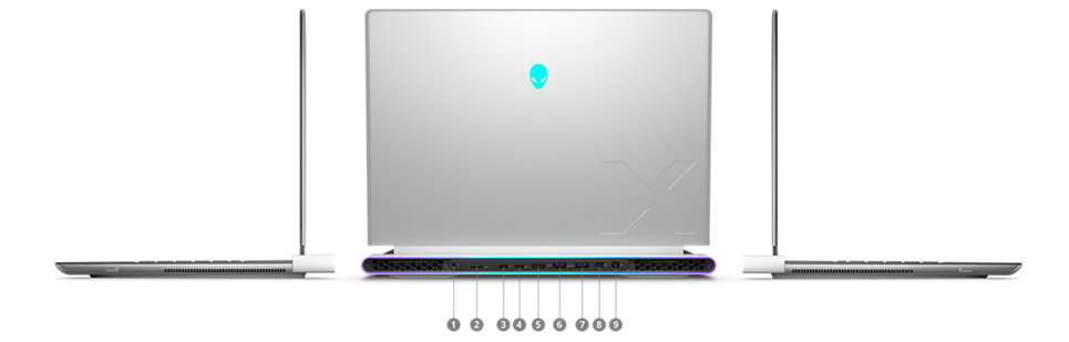 Dell Alienware X16 Gaming Laptop with numbers from 1 to 9 showing the product ports and slots. 