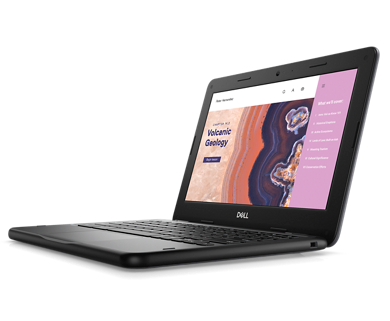 Picture of a Dell Chromebook 3110 with features opened on the screen. The background has a light gray color.