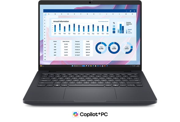 View forward-facing Dell Pro Max 14 Touch Laptop with CoPilot+ PC logo
