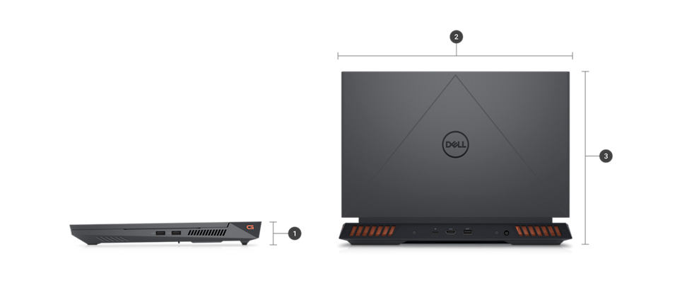 Dell G Series 15 5530 Gaming Laptop with numbers from 1 to 3 showing the product dimensions and weight.