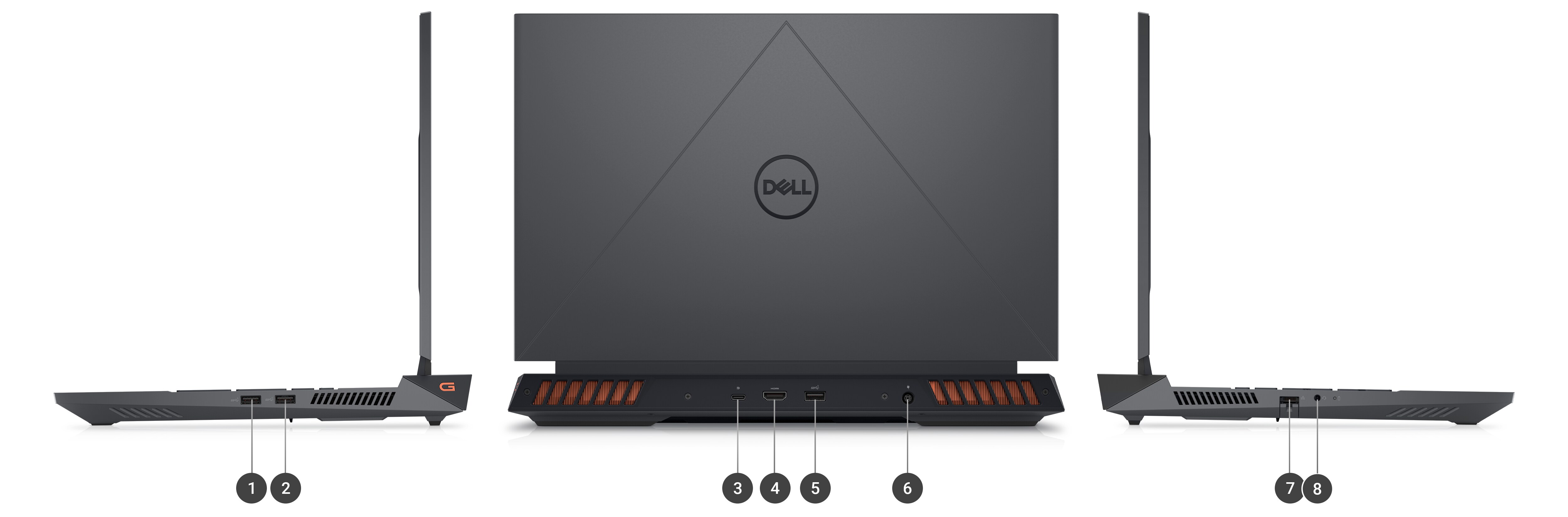 Dell G Series 15 5535 Gaming Laptop with numbers from 1 to 8 showing the product ports and slots.