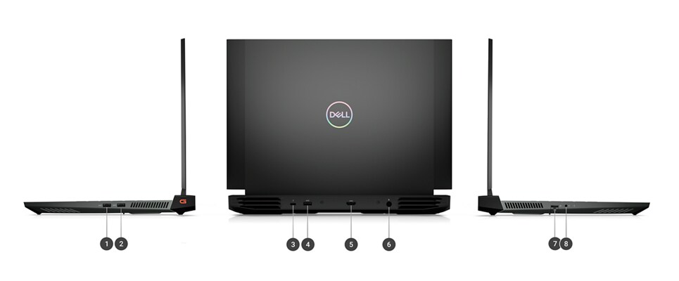 Picture three Dell G16 7620 Gaming Laptops with numbers from 1 to 8 signaling the product ports and slots.