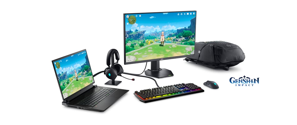 Picture of a Dell 7620 Gaming Laptop connected to a monitor, a keyboard and mouse with a backpack and a headset next to it.