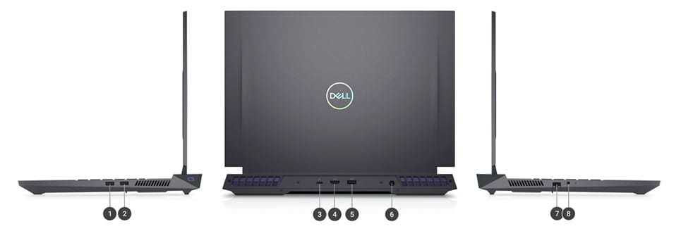 Dell G Series 16 7630 Gaming Laptop with numbers from 1 to 8 showing the product ports and slots.
