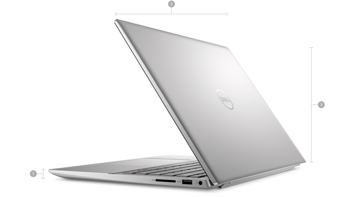 Dell Inspiron 14 5430 Laptop with numbers from 1 to 3 showing the product dimensions and weight.    