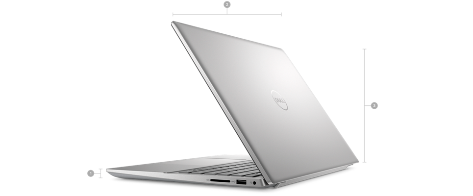 Dell Inspiron 14 5435 Laptop with numbers from 1 to 3 showing the product dimensions and weight.
