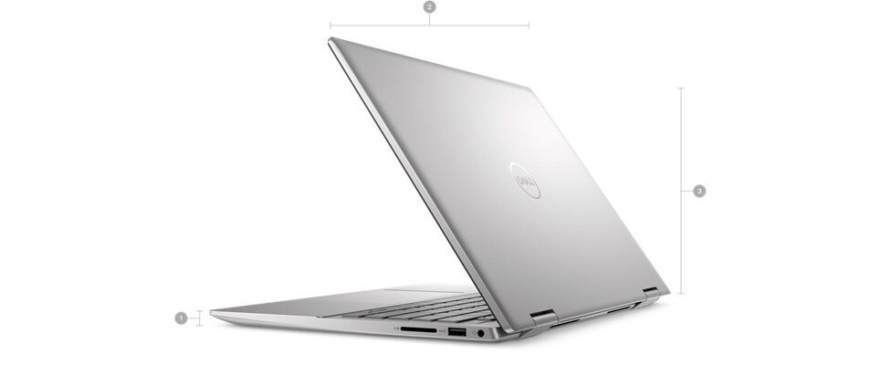 Dell Inspiron 14 7430 2-in-1 Laptop with numbers from 1 to 3 showing the product dimensions and weight.   