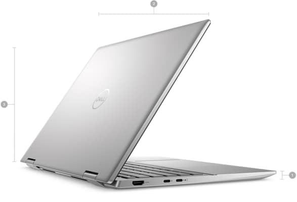 Dell Inspiron 14 7435 2-in-1 Laptop with numbers from 1 to 3 showing the product dimensions and weight.