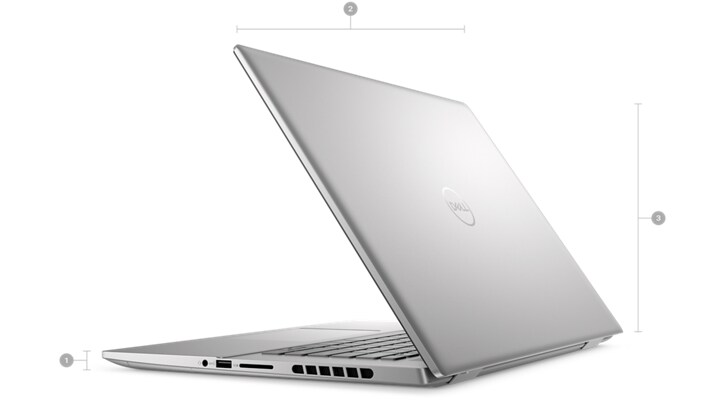 Dell Inspiron 16 7630 Laptop with numbers from 1 to 3 showing the product dimensions and weight.