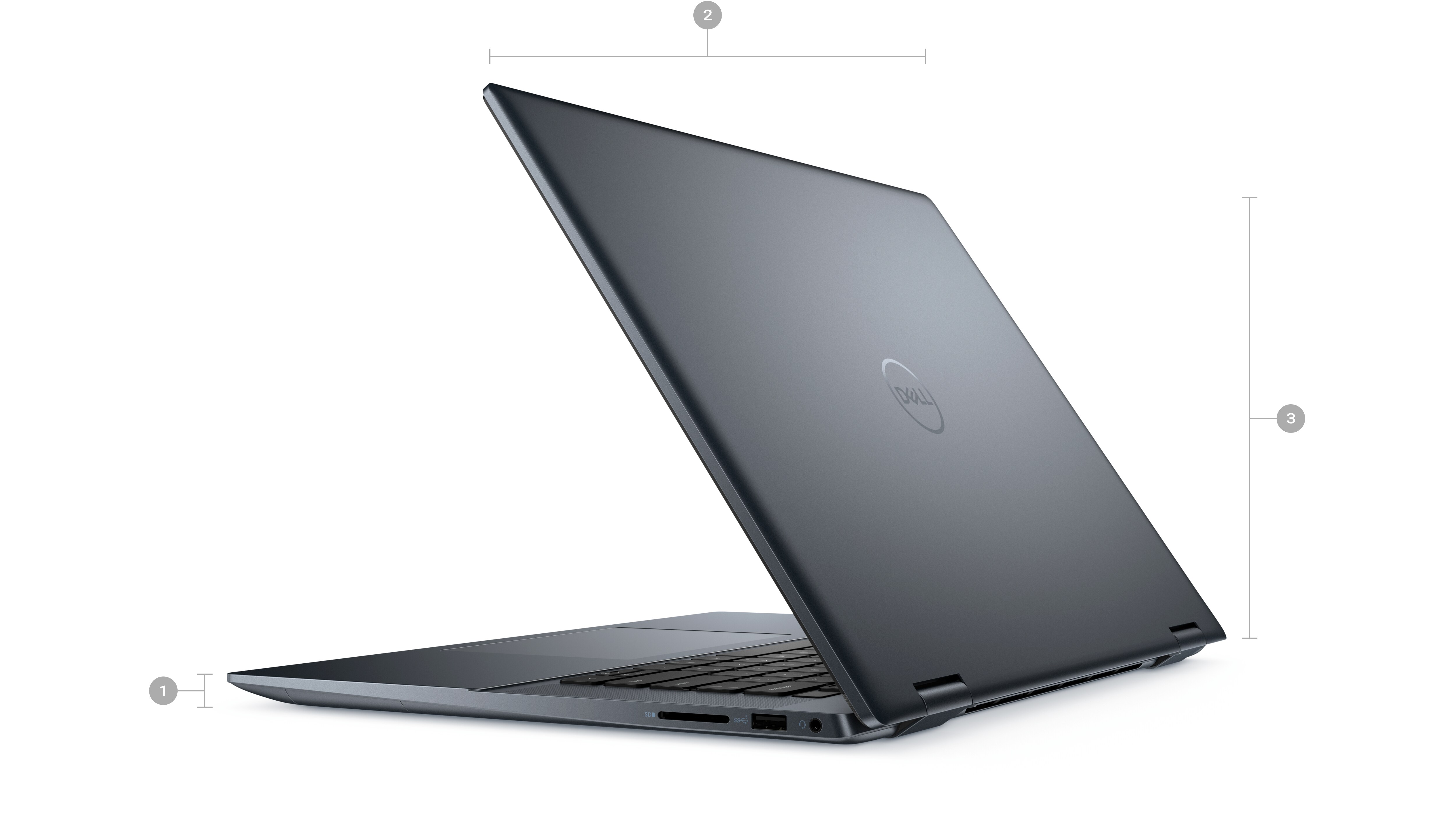 Dell Inspiron 16 2-in-1 7635 Laptop with numbers from 1 to 3 showing the product dimensions and weight.