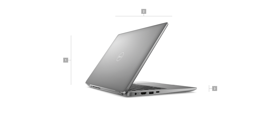 Dell Latitude 13 3340 2-in-1 Laptop with numbers from 1 to 3 showing the product dimensions and weight.
