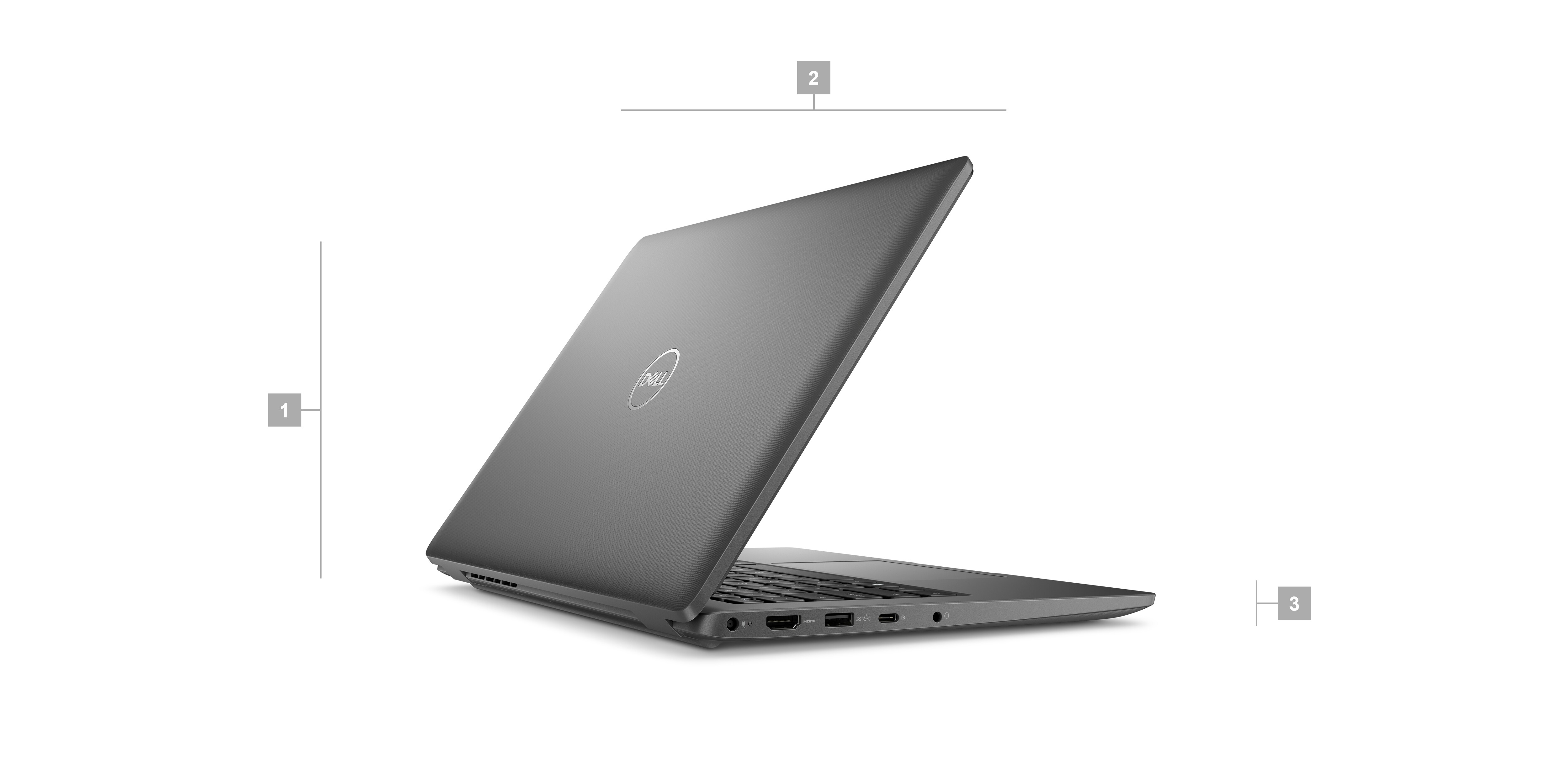 Dell Latitude 3440 laptop met nummers van 1 tot en met 3 die de afmetingen en het gewicht van het product aangeven.