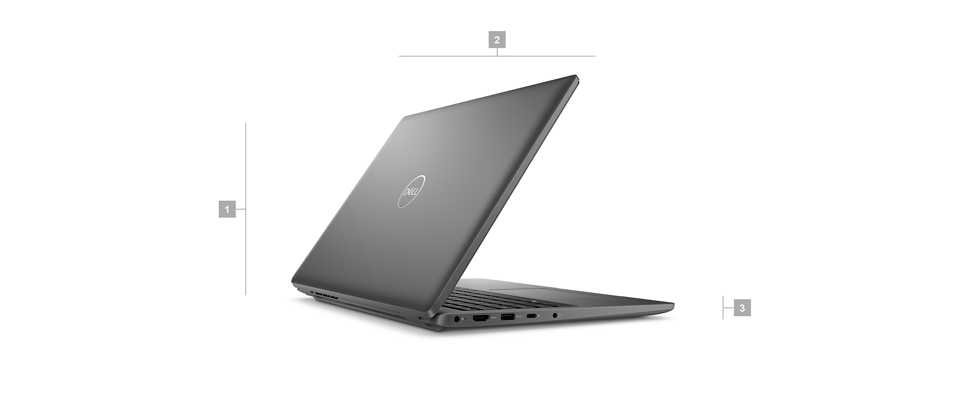 Dell Latitude 15 3540 Laptop with numbers from 1 to 3 showing the product dimensions and weight.