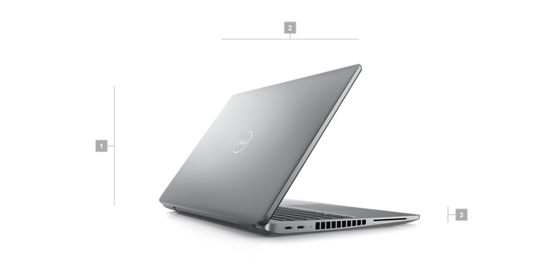 Dell Latitude 15 5540 Laptop with numbers from 1 to 3 showing the product dimensions and weight. 