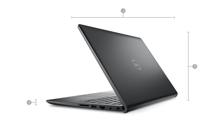 Picture of a Dell Vostro 3420 laptop with its back visible and numbers from 1 to 3 signaling product dimensions & weight.