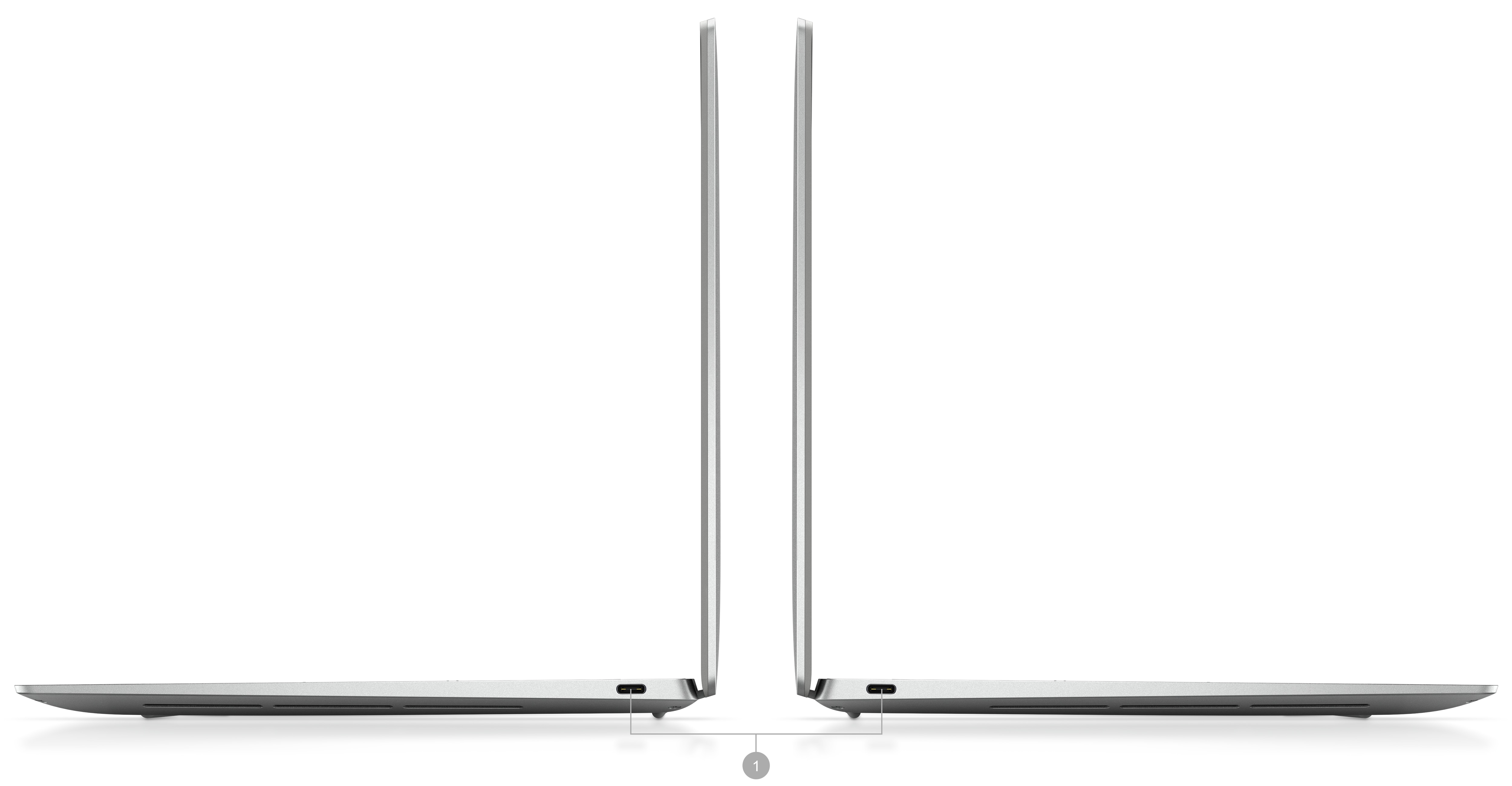 Picture of Dell XPS 13 9320 laptops placed sideways with the number 1 signaling the product ports and slots. 