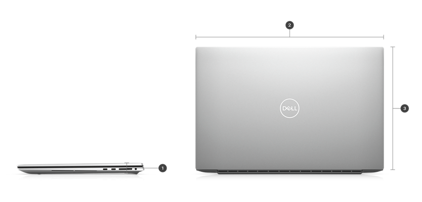 Dell XPS 17 9730 Laptop with numbers from 1 to 3 showing the product dimensions and weight.