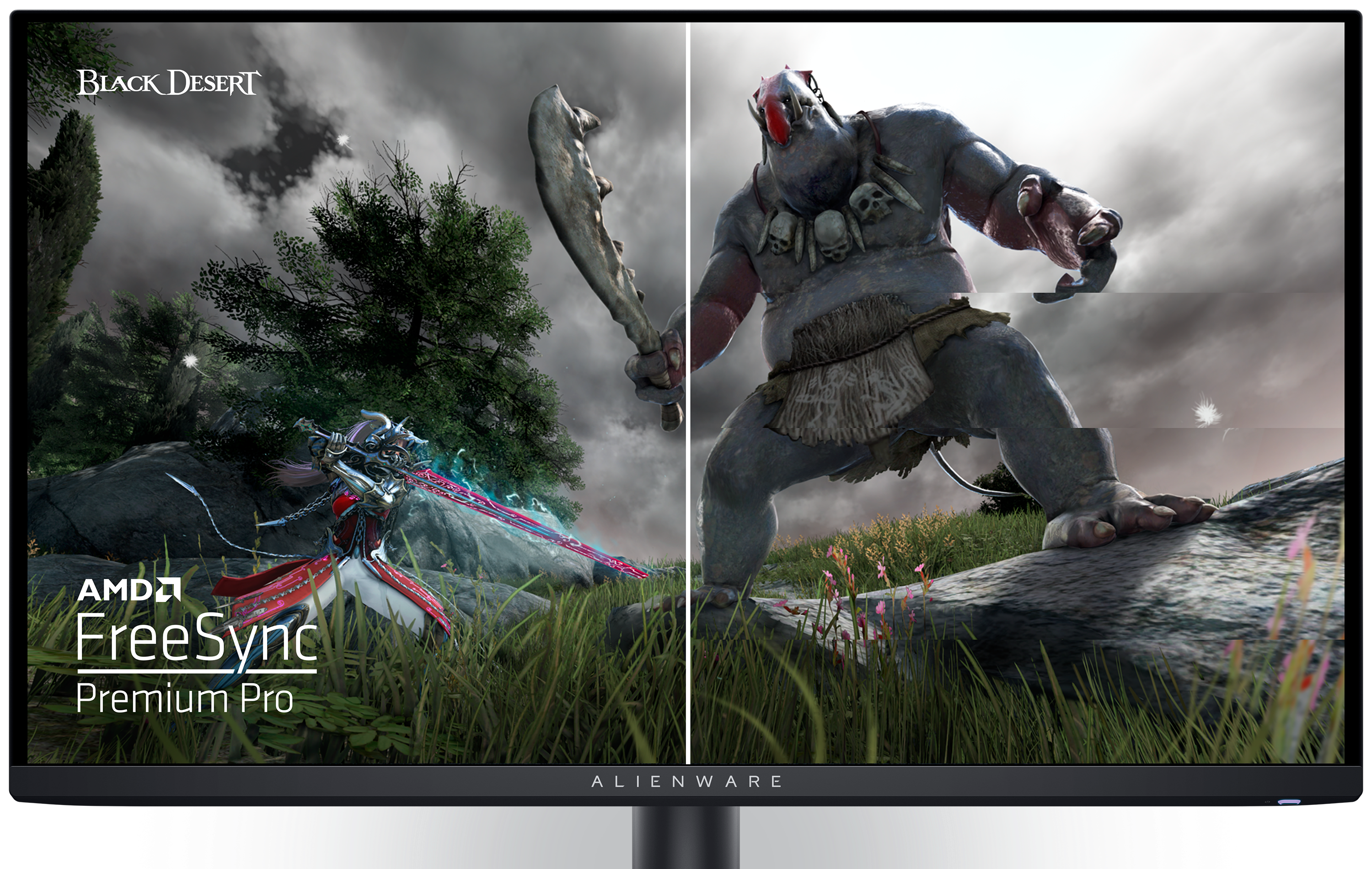 Dell AW2725DFゲーミング モニター。画面に「Black Desert」のゲーム イメージとAMDのロゴが映っています。