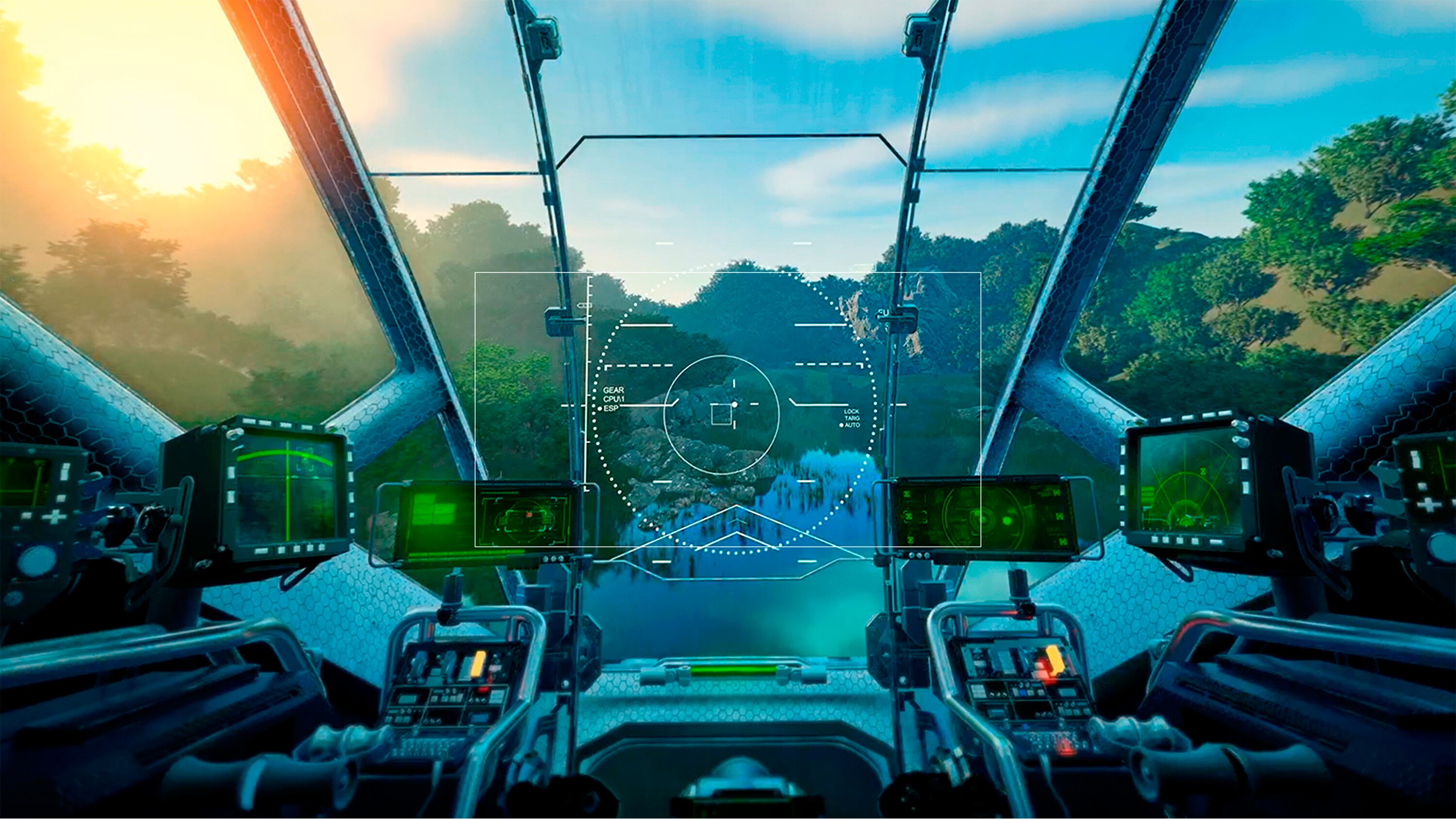 Game-afbeelding van een vliegtuigcontrolepaneel.