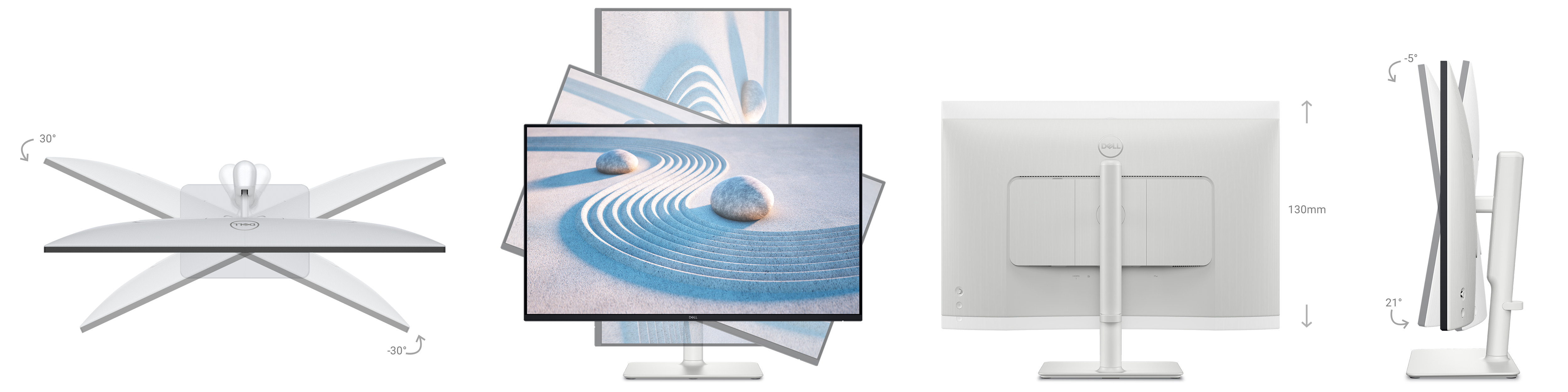 Samling av bilder av skjermen som viser egenskaper for 30 graders vipping, dreiing, 21-graders rotering og 130 mm høydejusterbarhet.