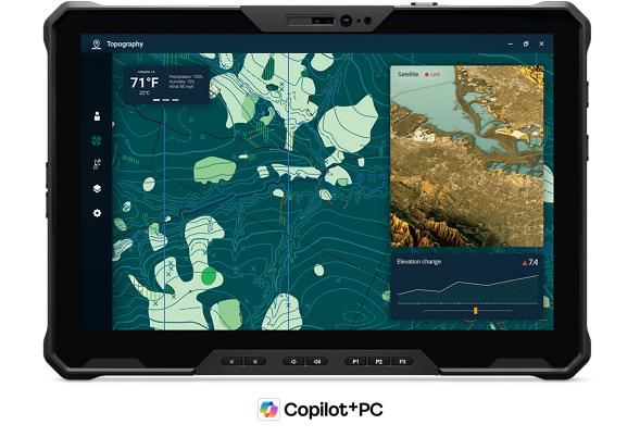 View forward-facing Dell Pro Rugged 12 Tablet with Copilot+ PC logo
