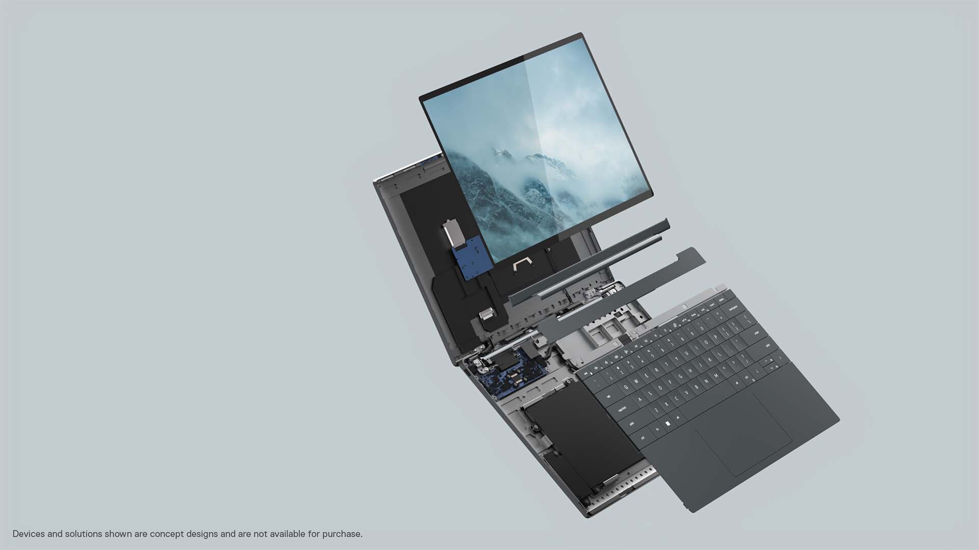Picture of a disassembled Dell XPS 13 Laptop placed on a lighting green background.