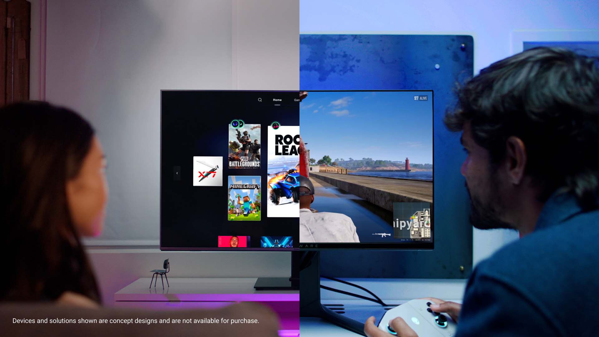 Picture of a divided monitor screen with a girl looking a gaming library on the left side and a man playing on the right.