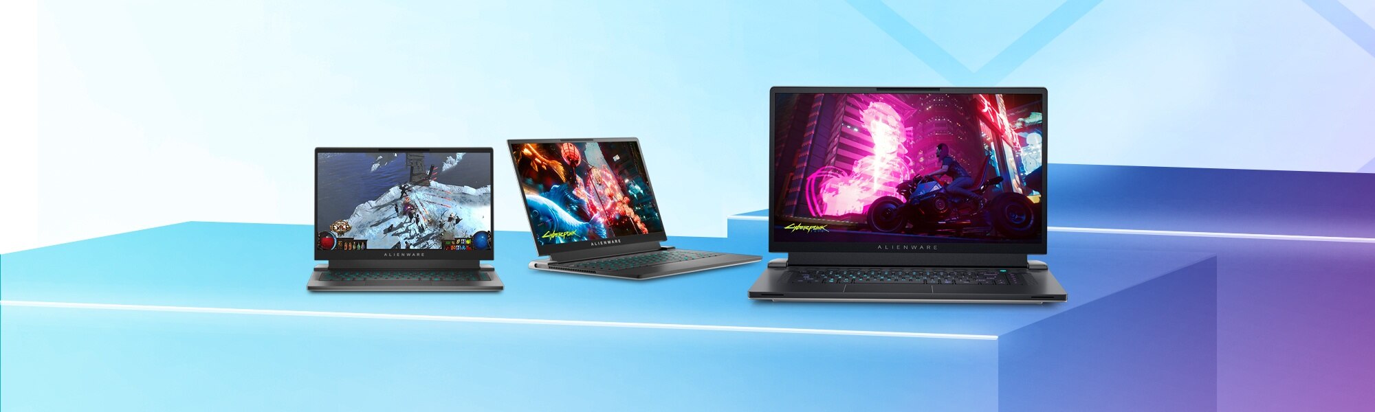 Picture of Alienware x14, x15 R2, x17 R2 and m17 R5 Laptops with game images on the screens on a shining blue background.