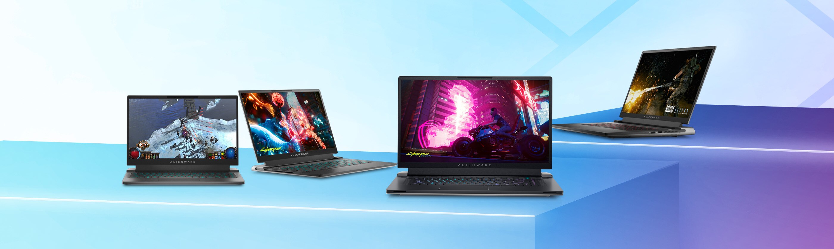 Picture of Alienware x14, x15 R2, x17 R2 and m17 R5 Laptops with game images on the screens on a shining blue background.