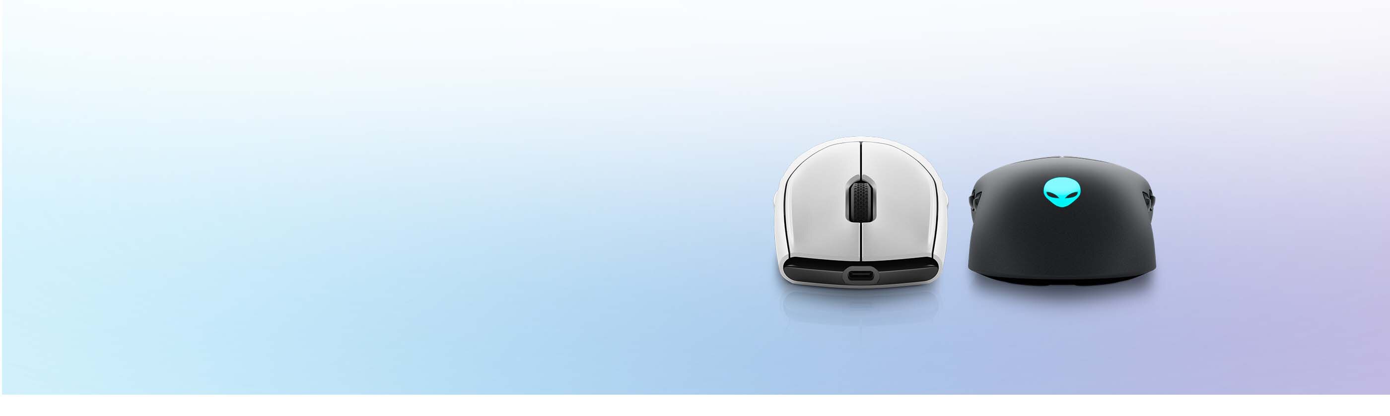 Picture of two Alienware AW720M Gaming Mouses, one in black and other in gray, on a lighting blue and purple background.