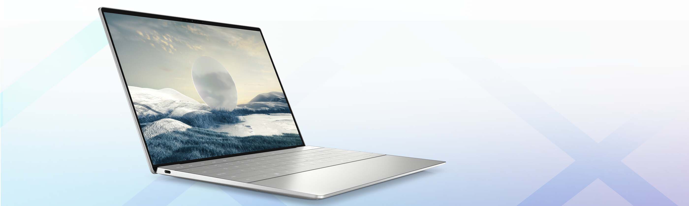 Picture of a Dell XPS 13 Laptop placed in a lighting blue and purple background with a landscape image on the product screen.