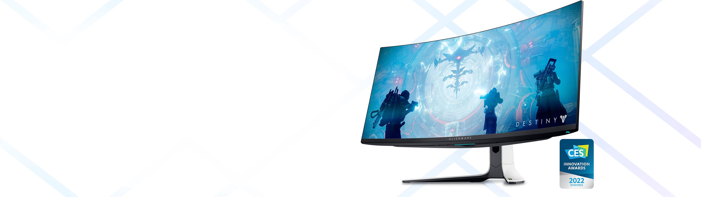 Picture of Dell Alienware 34 Curved Gaming Monitor in a white background and a DESTINY game image on the screen.