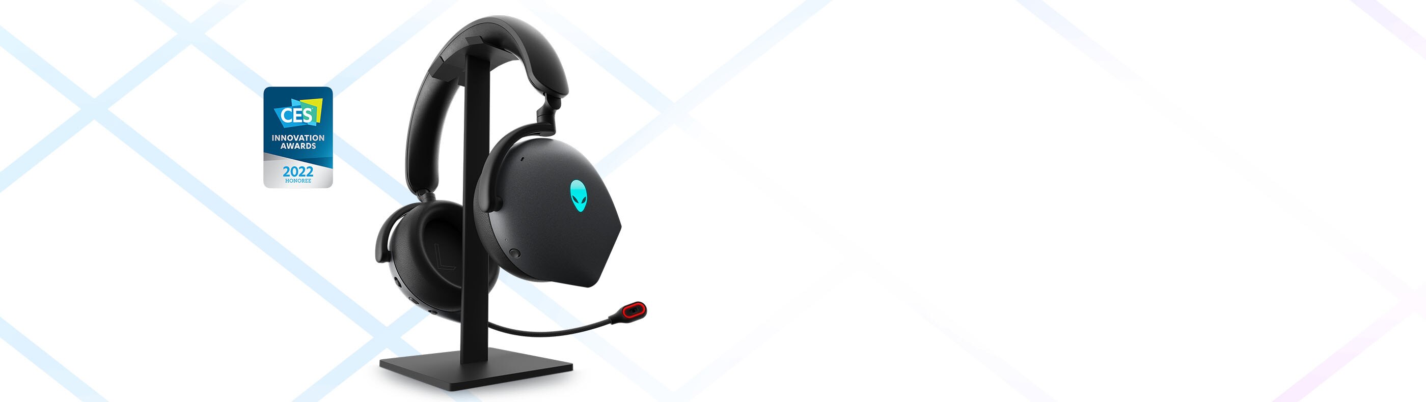 Picture of a Dell Alienware Tri-Mode Wireless Gaming Headset on a stand and a CES 2022 Award logo next to the product.